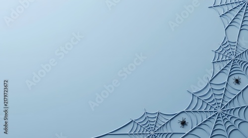 Halloween spider web corner border design on a light blue background for seasonal decor.