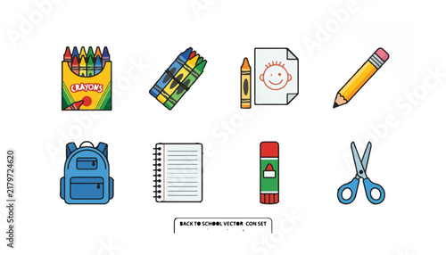 Collection of essential back-to-school supplies including crayons, pencils, backpack, notebook, glue stick, and scissors, perfect for students.
