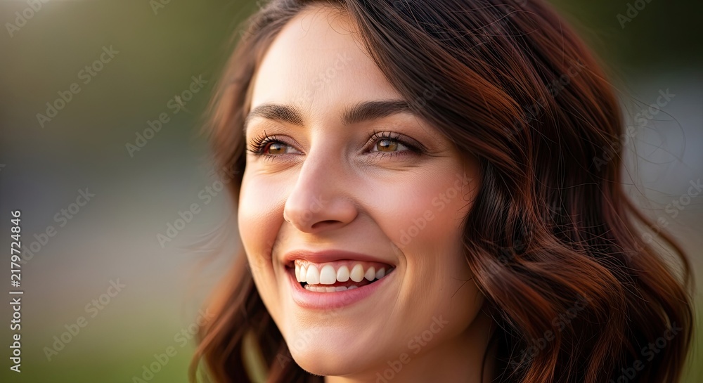 Fototapeta premium Smiling brunette woman portrait in soft outdoor light.