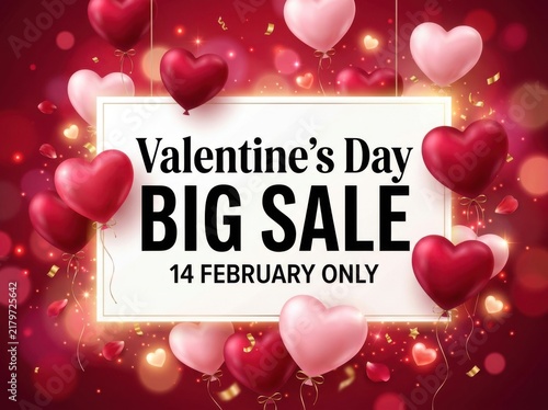 Valentines day big sale banner with red and pink heart balloons on a dark red background