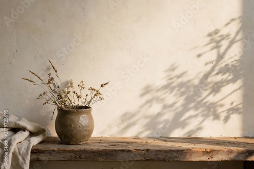 Dried Wildflowers in Rustic Vase With Warm Wall Shadows