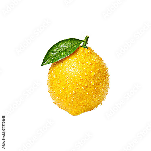 A single fresh yellow lemon with a green leaf and water droplets isolated on white background