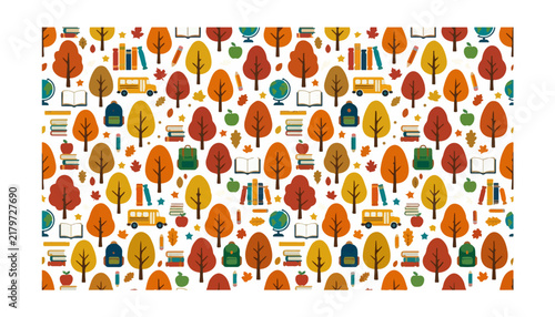 Seamless autumn pattern with school supplies, colorful trees, buses, books, and backpacks on a white background, perfect for fall and back-to-school themes.