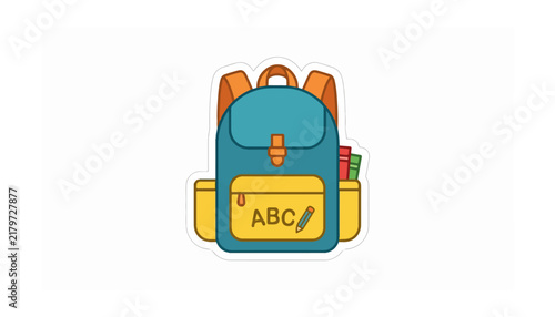 Cartoon illustration of a blue school backpack with yellow pockets, orange straps, and books, featuring 'ABC' and a pencil on the front.