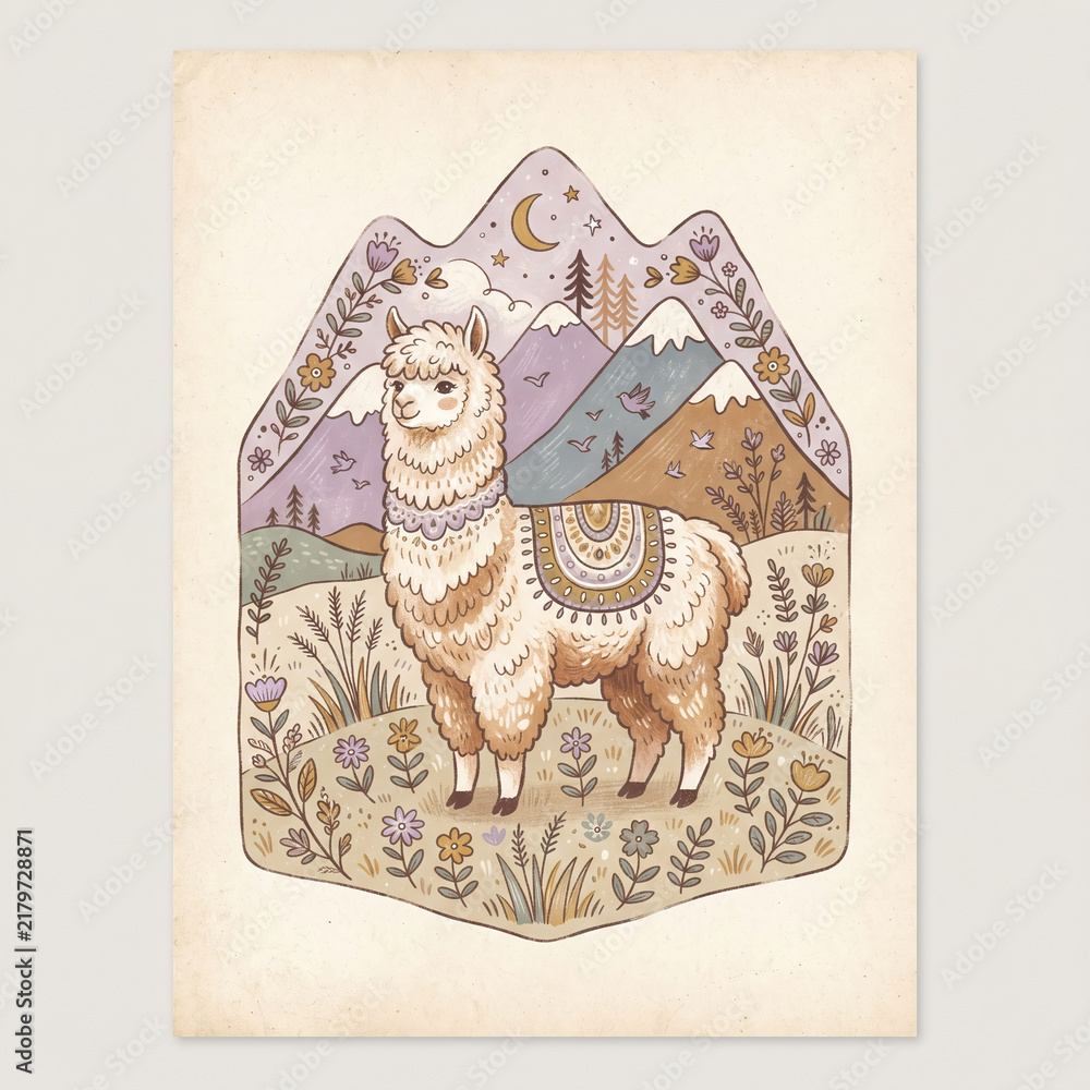 Fototapeta premium Sweet Fluffy Alpaca with Saddle Blanket and Mountain Flowers Frame