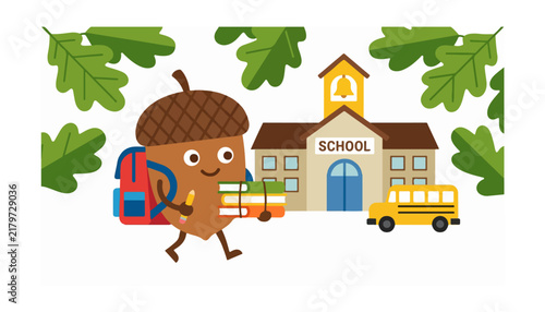 A cute cartoon acorn character with a red backpack and books walking towards a school building with a yellow bus and oak leaves.