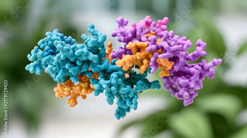 A colorful 3D model of a protein structure with blue  purple  and orange subunits shown against a blurred green background