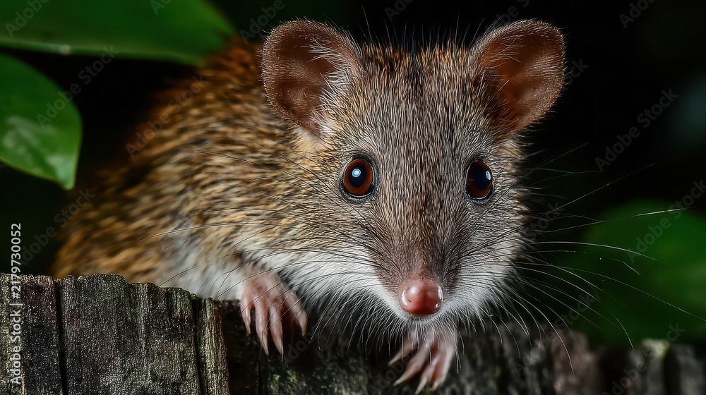 Obraz premium An adorable brown antechinus peers from behind weathered wood, its endearing face highlighted in a wildlife close-up that captures its unique charm