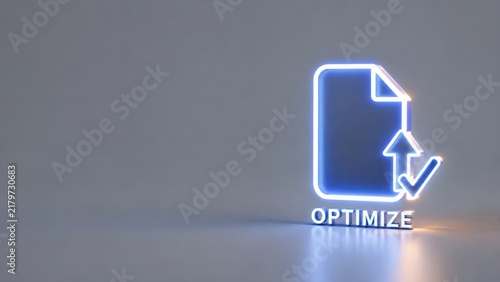 Obraz na płótnie Blue document upload and check mark icon labeled Optimize