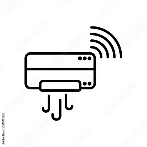 Black outline vector illustration of a smart air conditioner icon with wifi signal. Minimalist line art AC unit template for smart home app UI, cooling system technology, and IoT device graphic.