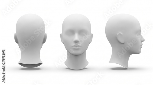 White female mannequin head turnaround 3D model isolated on white background. Front side back view
