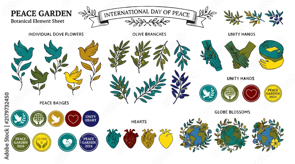 Obraz premium International Day of Peace botanical elements set with doves, olive branches, and earth icons