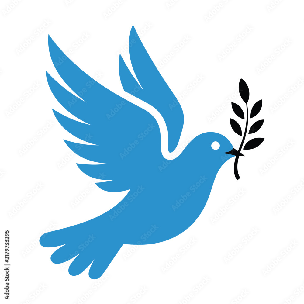 Obraz premium Blue flying dove carrying an olive branch representing peace, hope, reconciliation, harmony, unity, and peaceful relationships in simple vector design.