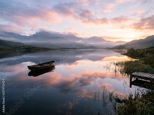 Tranquil lake at dawn with a lone rowboat reflecting soft pastel sunrise clouds and distant misty mountains