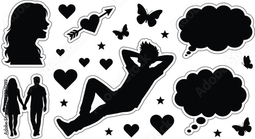 Canvas Print Romantic Couple Silhouettes Lying Man Thought Bubble and Heart Sticker Vector Ic