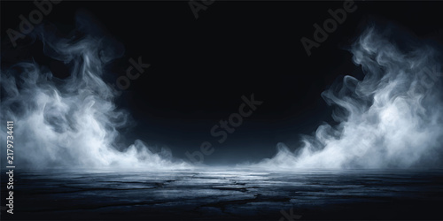 Dark Blue Smoky Fog Stage Background with Dramatic Atmospheric Lighting and Copy Space