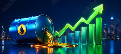 Crude Oil Barrel Spilling Liquid Gold with Green Rising Stock Market Graph