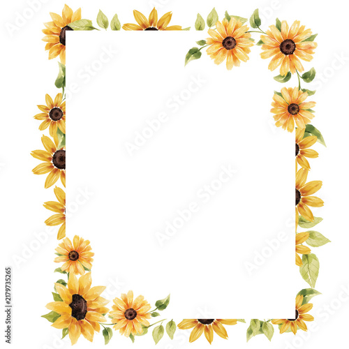 Elegant floral border design with bright yellow sunflowers and green leaves corners on a white background for invitations.