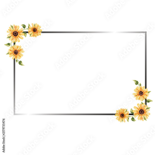 Elegant floral gradient border design with bright yellow sunflowers and green leaves corners on a white background for invitations.