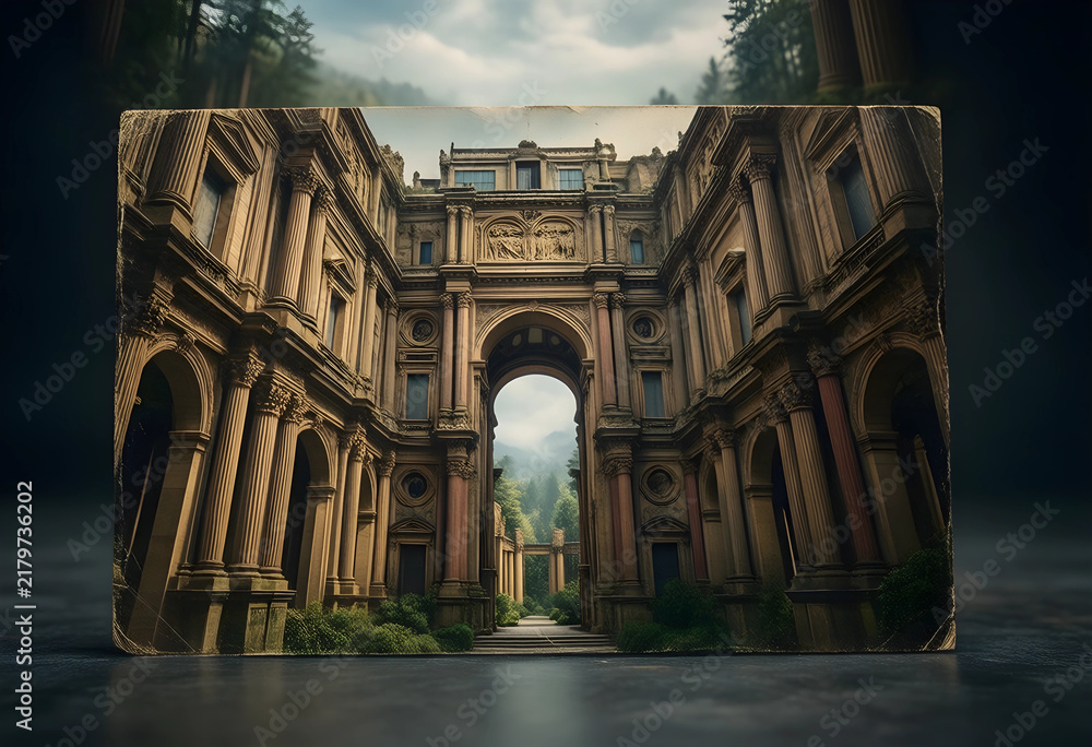Obraz premium Architectural heritage and historical preservation, ancient classical palace courtyard with stone columns and grand archway in a weathered vintage photograph