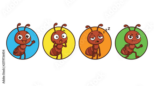 Four adorable cartoon ants are presented with uniquely colored circular backgrounds in a charming and playful illustration style