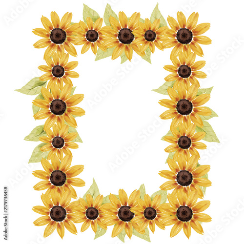 Elegant floral border design with bright yellow sunflowers and green leaves corners on a white background for invitations.