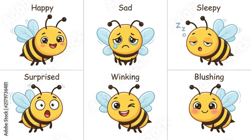 Charming watercolor bee characters showcase a delightful range of emotions including happiness sadness surprise excitement and thoughtful contemplation