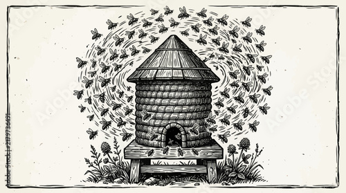 Vintage illustration of a traditional beehive surrounded by a swarm of bees in a detailed woodcut style