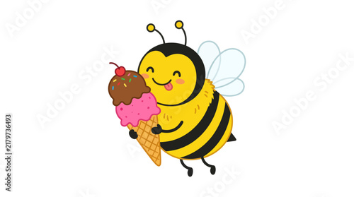 Happy cartoon bee holding a large colorful ice cream cone with strawberry chocolate and vanilla flavors