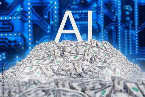 Cuadro en lienzo Artificial intelligence investment, AI technology is represented with a large pile of US dollars, symbolizing funding, profits and growth of the AI market