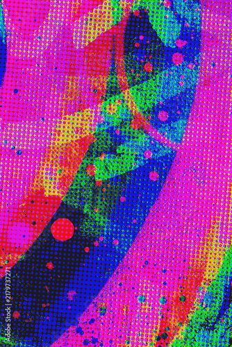 Obraz na plátne Abstract halftone background dot pattern with thick diagonal brushstrokes in magenta, blue, and green street art colors