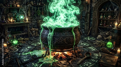 Overflowing magic cauldron with glowing green potion in a dark mystical wizard laboratory