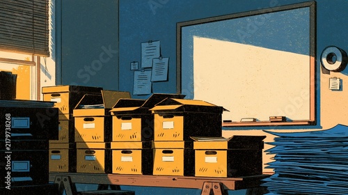 Audit room at dawn with stacked archive boxes on the table in a retro print illustration in a calm balanced composition with room for text