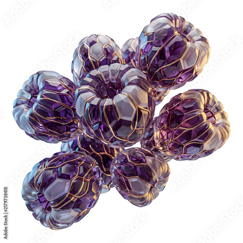 Abstract 3D Geometric Cluster with Metallic Gradient and Crystalline Texture isolated on transparent background