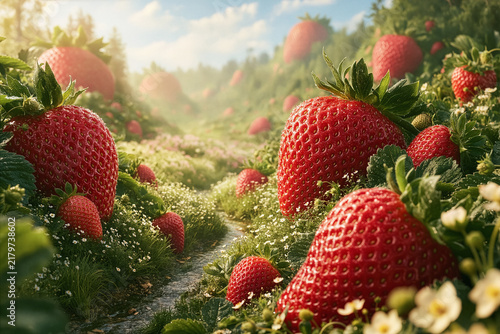Surreal landscape with giant strawberries