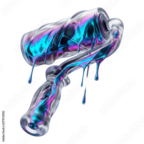 Abstract Molten Metal Drip Sculpture, Iridescent Blue and Purple 3D Illustration isolated on transparent background