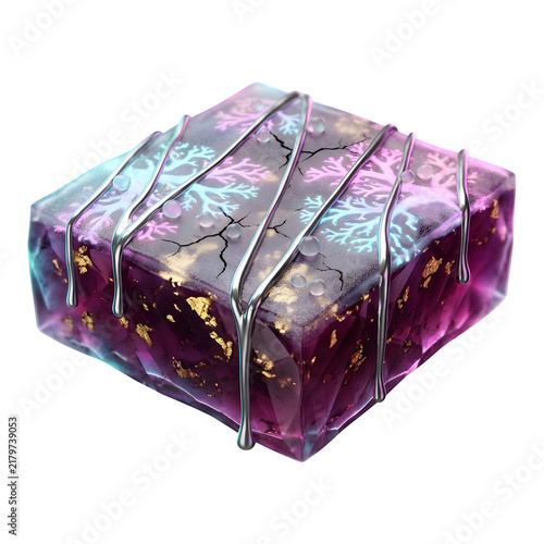 Abstract Frosted Ice Block with Translucent Glow and Metallic Drips isolated on transparent background
