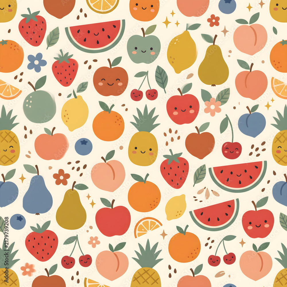 Cute doodle summer fruit seamless pattern