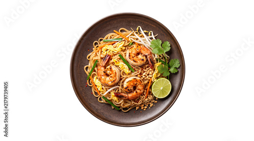 Cuadro en lienzo Shrimp pad thai noodles with lime, bean png on isolated transparent background