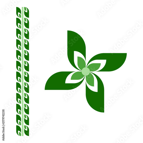 Stylized four petal green flower symbol with decorative leaf border pattern