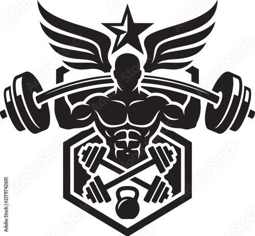 Winged Bodybuilder Gym Emblem with Barbell and Kettlebell - vector illustration