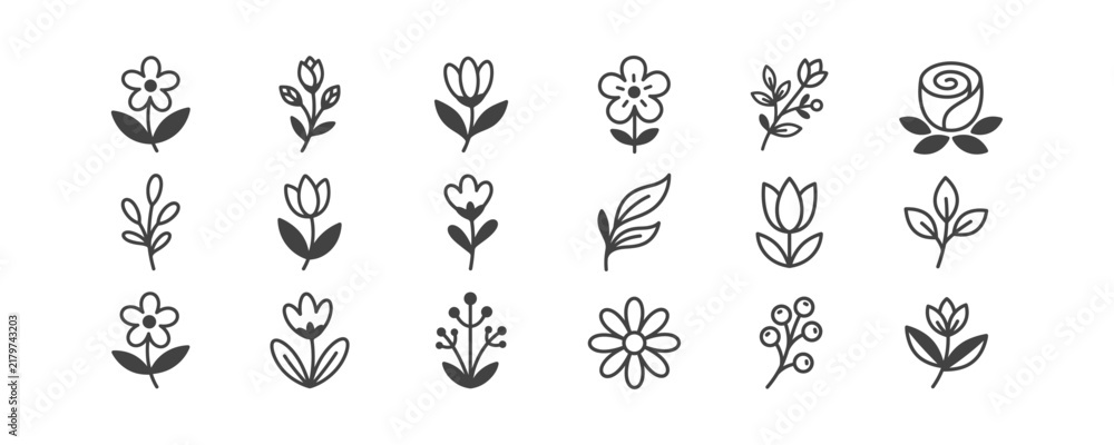 Obraz premium A collection of simple line art flower and leaf icons arranged in a clean grid layout