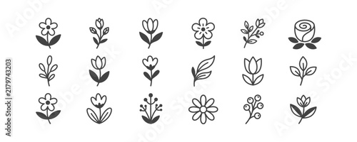 A collection of simple line art flower and leaf icons arranged in a clean grid layout