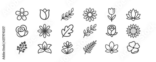 A collection of simple line art flower and leaf icons arranged in a grid on a white background