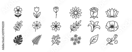 A collection of various flower and leaf line art icons isolated on a white background