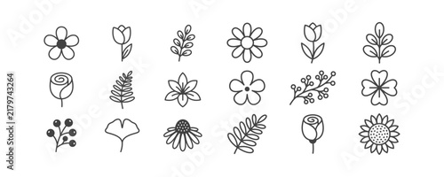 A collection of various flower and leaf line art icons arranged on a white background