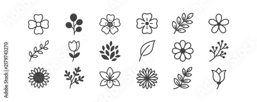 A collection of various minimalist flower and leaf line art icons on a white background
