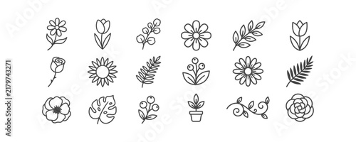 A collection of simple line art icons featuring various flowers leaves and botanical elements