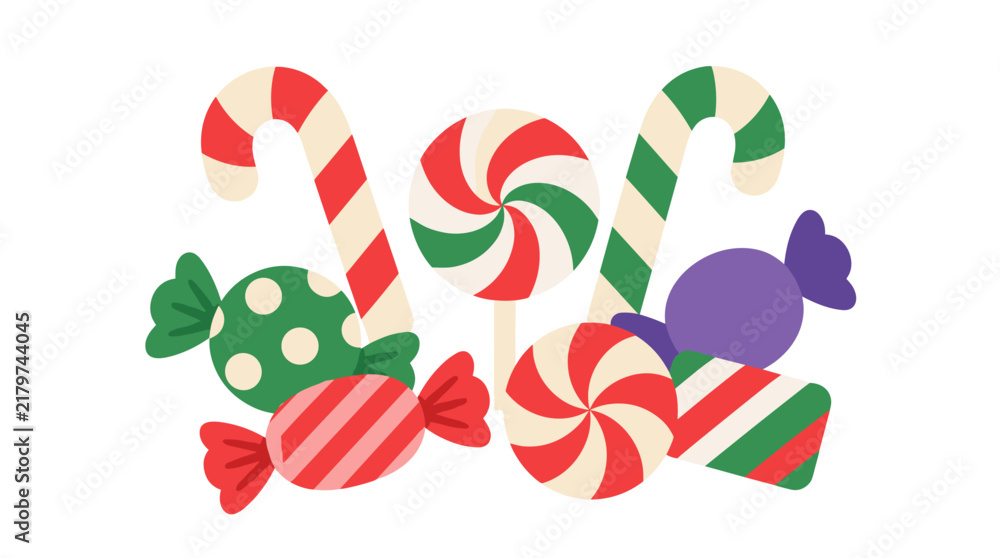 Naklejka premium Colorful Christmas candies with peppermint stripes and swirl lollipops