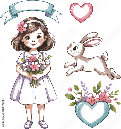 Cute Spring Girl and Bunny Illustration with Flower Bouquet, Heart Decorations and Floral Basket for Easter, Love and Greeting Card Designs
